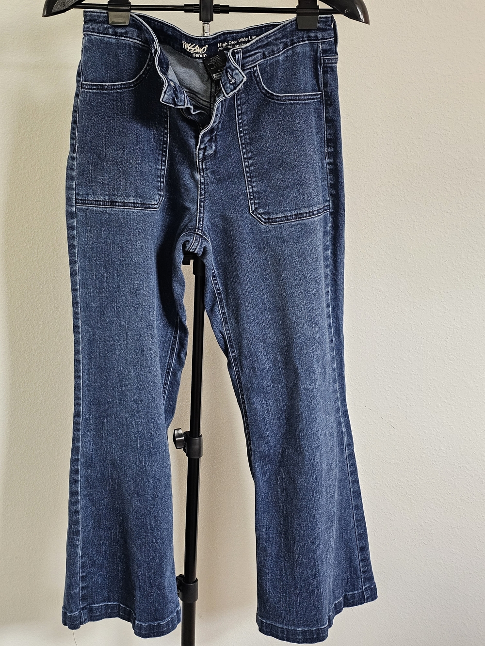 Mossimo High Rise Wide Leg Jeans Womens Blue Denim Front Patch Pocket Crop Flare